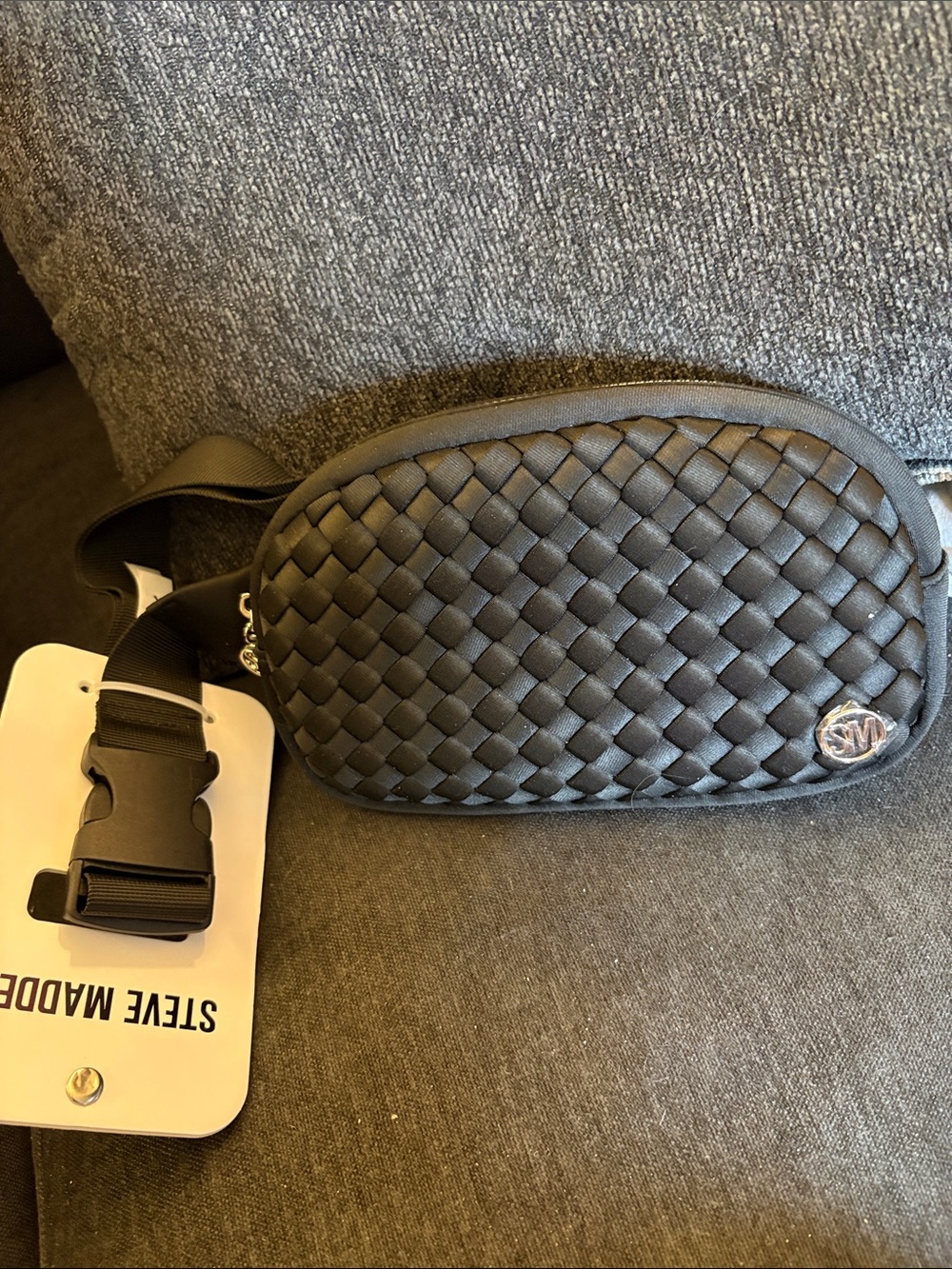Steve Madden Black Woven Belt Bag with Logo Accent